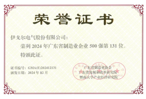 伊戈尔喜获【广东省制造业企业500强】